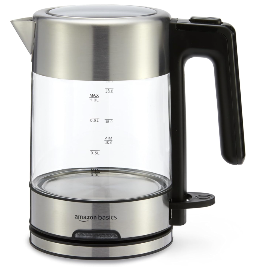Basics Electric Kettle with Glass Carafe for Tea and Coffee, Fast Boiling, Auto ShutOff, BoilDry Protection, Temperature Control, Removable Filter, 1 Liter, 1500W, BPAFree