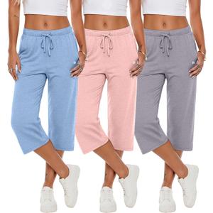 Neer 3 Pack Women's Capri Pants, Wide Leg Basic Sweatpants Lounge Loose Fit Casual Drawstring Yoga Capris with Pockets, Size M
