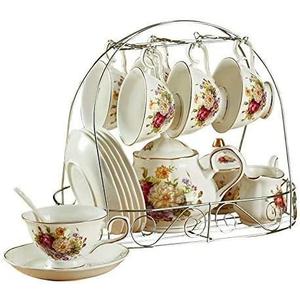 15 Piece European Ceramic Tea Sets,Coffee Set Metal Holder, White Red Rose Flower Painting