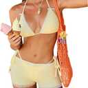 SHENHE Women's 3 Piece Triangle String Bikini Set Y2k Halter Bow Swimsuits with Lace Shorts Coverups (Medium, Yellow)