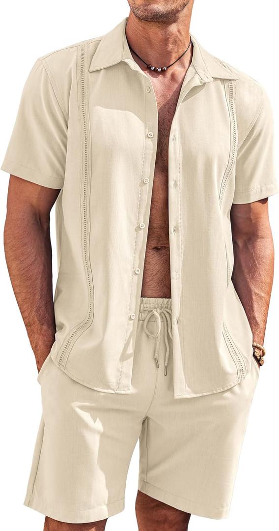 COOFANDY Men's 2 Piece Short Set Cuban Guayabera Shirts Short Sleeve Casual Beach Outfits Set (Khaki, L)