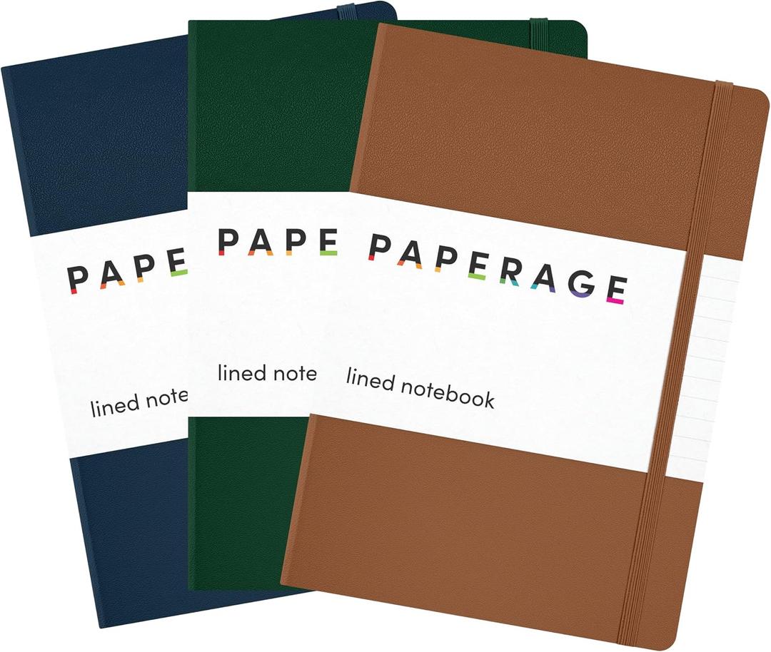 PAPERAGE Lined Journal Notebook, 3 Pack, (Cognac, Dark Green, Navy), 160 Pages, Medium 5.6 in x 8 in - 100 GSM Thick Paper Hardcover Journaling Notebook for Work, School & Note Taking