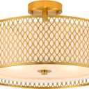 17" Semi Flush Mount Ceiling Light Fixture, 3-Light Gold Light Fixture, Close to Ceiling Light Fixture with White Fabric Lampshade and Gloden Iron Mesh Cage for Dining Room Living Room Bedroom