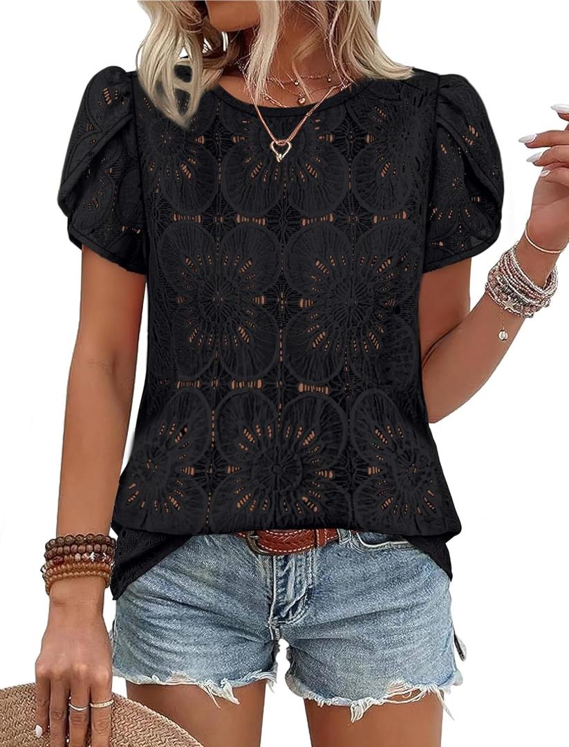 OFEEFAN Blouses for Women Dressy Casual Petal Short Sleeve Shirts Crochet Lace Boho Tops Spring Fashion Summer Outfits (Medium, Black)