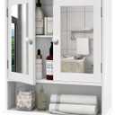 TaoHFE Medicine Cabinet, Medicine Cabinets for Bathroom with Mirror 2 Doors 3 Open Shelf, Bathroom Cabinet Wall Mounted Wooden Storage Over Toilet Laundry Room Kitchen
