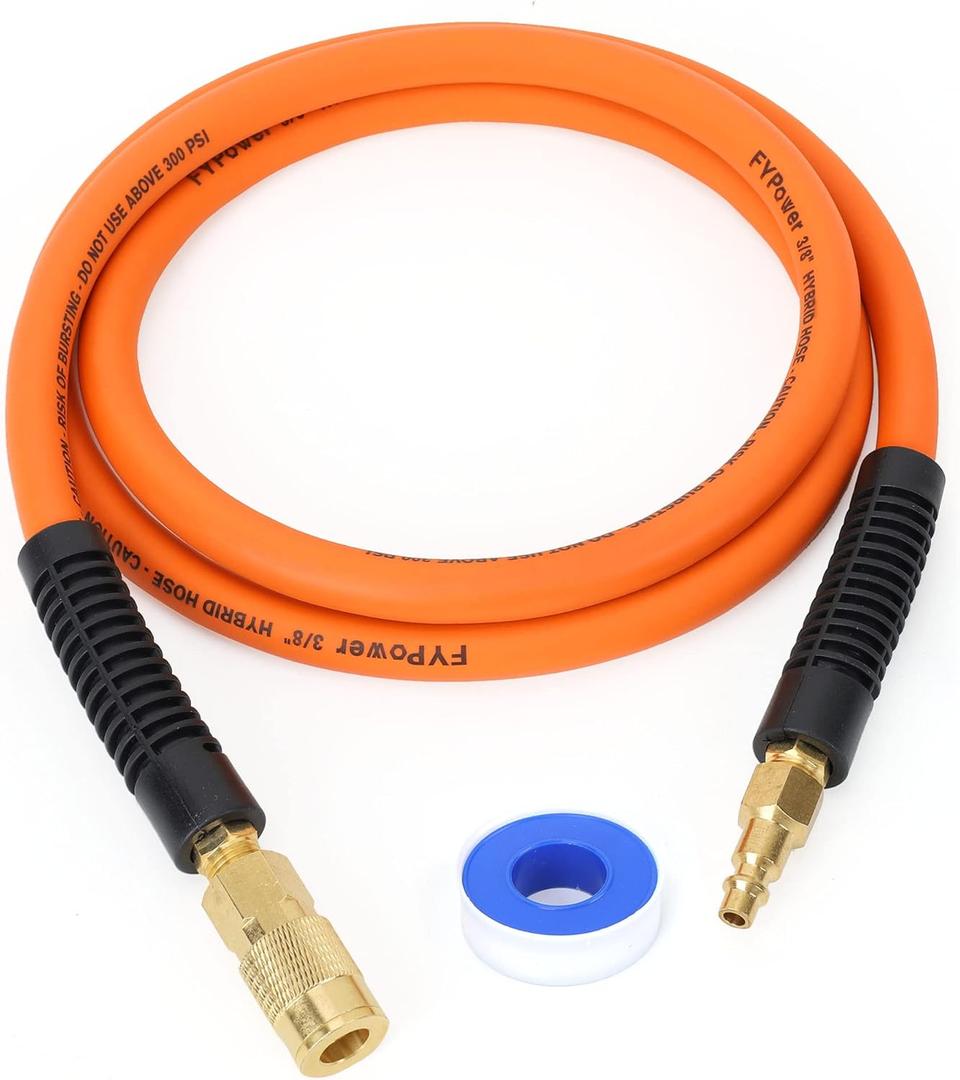 Hybrid Air Compressor Hose 3/8 in x 6 ft Lead in Hose, Heavy Duty, Lightweight, Flexible and Kink Resistant Whip Hose with 1/4" Industrial Brass Fittings, Orange