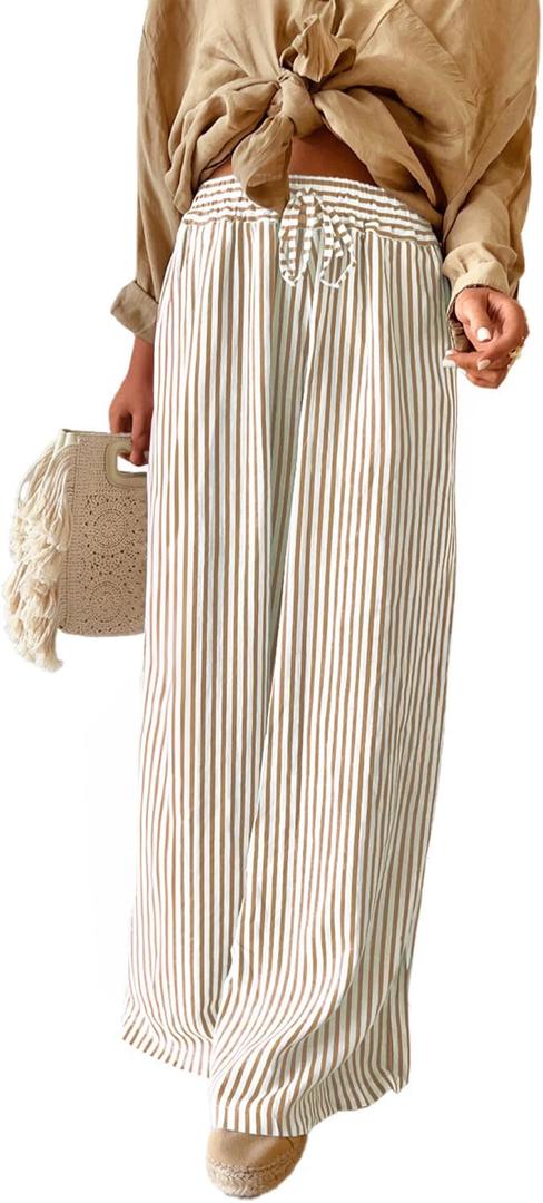 Acelitt Women Casual Drawstring Elastic Waist Striped Wide Leg Pants with Pockets (M)