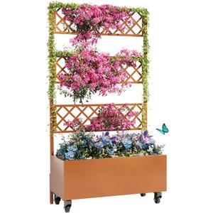 Kinchox Metal Raised Garden Bed with Trellis Outdoor Metal Planter Box with Planting Pockets Garden Box for Climbing Plants Privacy Planters for Patio
