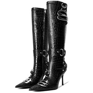 LACIKOSZ Black Knee High Crocodile Boots for Women Pointed Toe Slim Calf Sexy Stiletto High Heel Long Tall Boots with Slide Zipper Buckle Rivets, 8.5