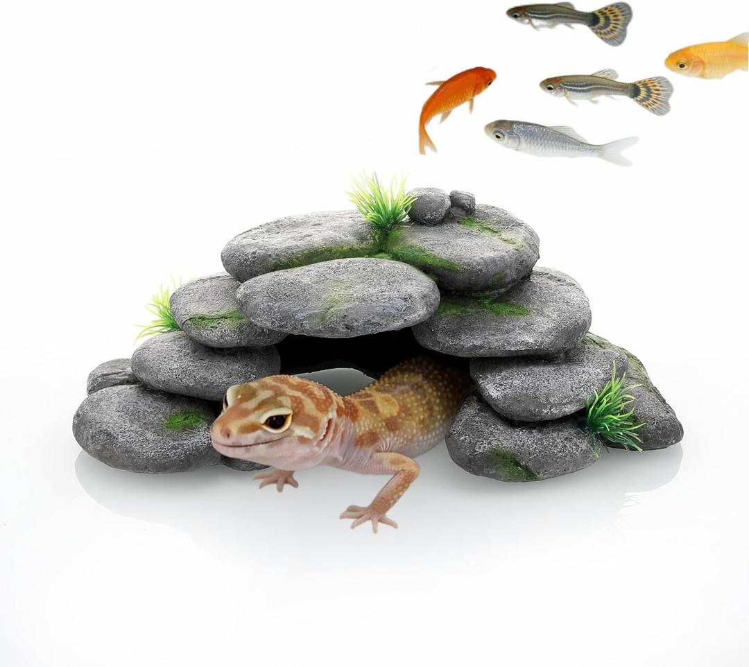 Aquarium Decor, Rock Cave House Shelter for Reptiles, Durable & Easy to Clean, Aquarium Landscape Decoration, Reptile Tank & Terrarium Accessories (Green-Medium)