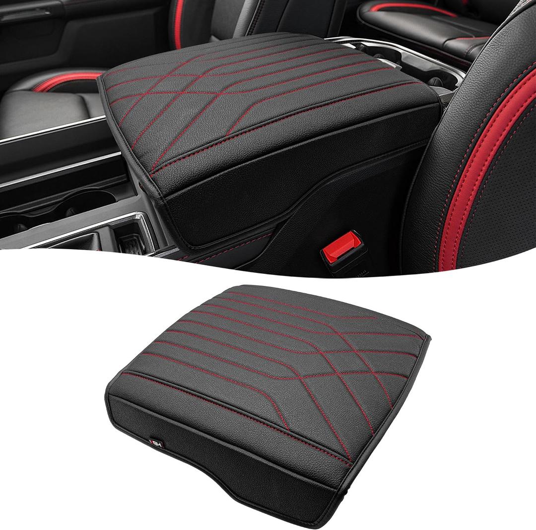 KBH Center Console Armrest Cover for 2019-2026 Dodge Ram 1500 2500 3500 5th Gen, Floor Console Bucket Seat, Arm Rest Cushion Pad Protector, Vinyl Leather, Black-Red Stitches