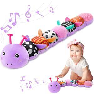 AWOTOY Baby Toys 0-6-12 Months,Musical Caterpillar Stuffed Animals Activity Infant Toys with Crinkle,Rattles,Muti-Teething Sensory Toy,Boy Girl Gifts for Newborn Tummy Time,Purple