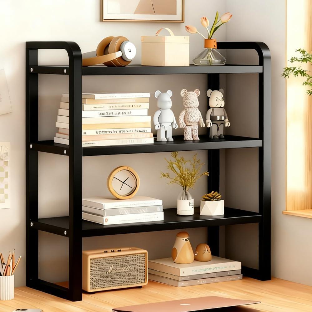 Office Desk Shelf Organizer, Wood Desktop Bookshelf Supplies Storage Rack, Shelf for Top of Desk and Dresser and Cubicle Decor Aesthetic Bookshelf (Black Black-three Tier, 15.75 Lx7.87 Wx22.05 H)