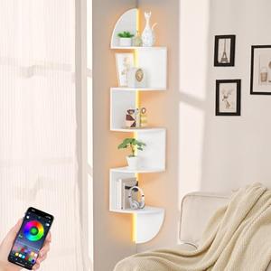 Corner Shelf, 5 Tier Bookshelf with LED Light, Corner Shelf Wall Mounted, Floating Shelves for Wall, Display Stand for Bedroom, Living Room, Bathroom, Home, Office, White