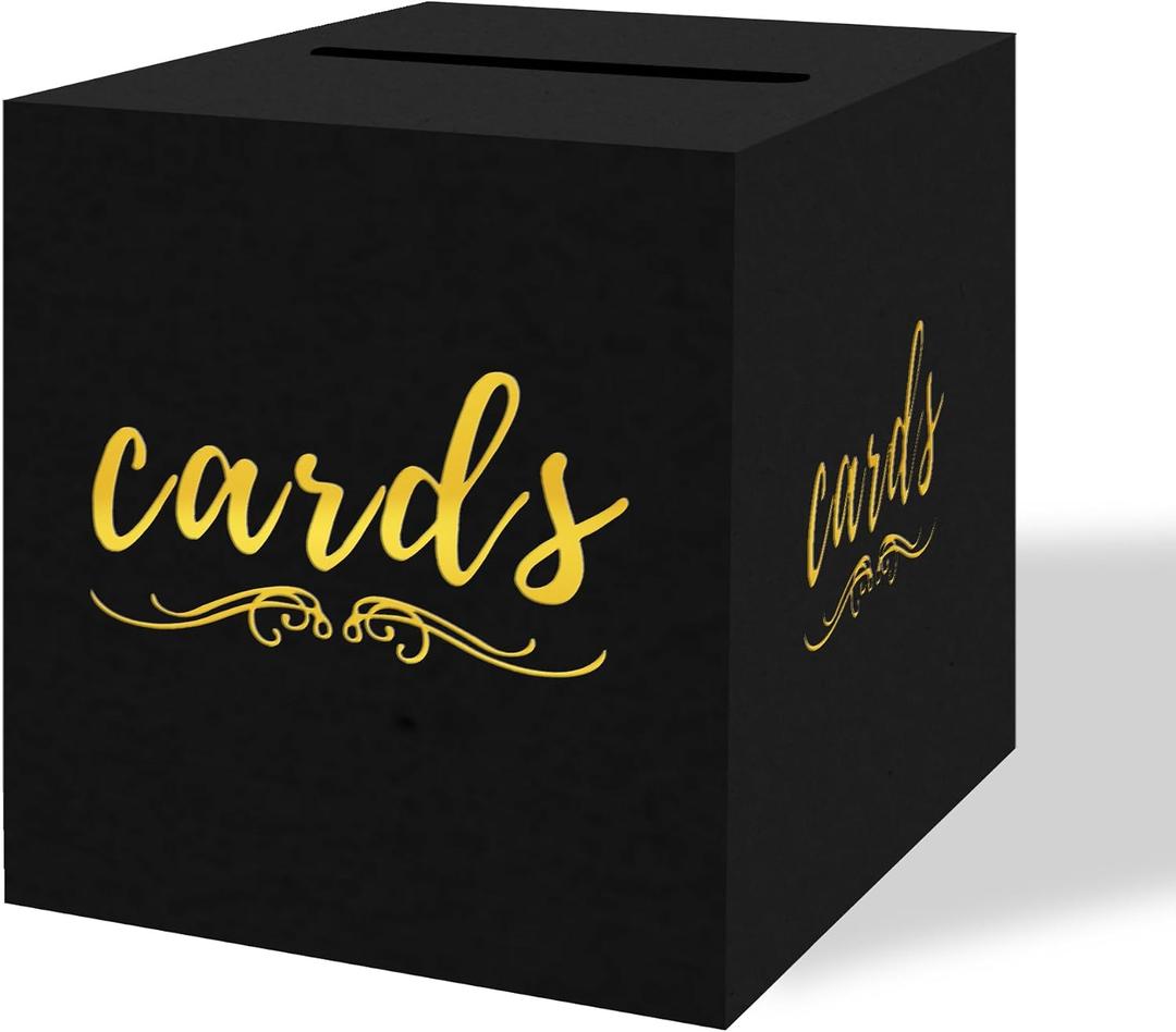 sunepany Black and Gold Gift Card Box for Party Wedding Funeral Birthday Bridal & Baby Shower Retirements Anniversaries, Graduation Card Holder Cardboard Raffle Ticket Voting Ballot with Slot