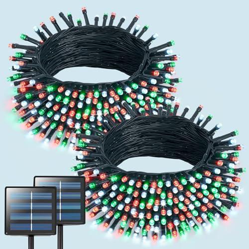 JMEXSUSS 2 Pack Red White and Green Solar Christmas Lights, Total 400 LED 151FT Solar String Lights Outdoor Waterproof, 8 Modes Solar Lights for Outside Tree Patio Christmas Decorations