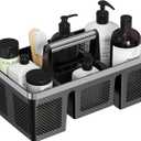 BYUNER Plastic Shower Caddy Dorm: Portable Cleaning & Shower Caddy with Handle, 4 Divided Compartments, All-Side Drainage, Rigid Plastic Basket Tote for College Dorm & Bathroom Use, Black/Silver