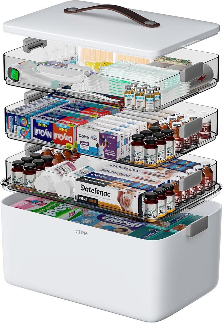 CTIME 3-Tier Medicine Organizer - Portable Medicine Cabinet with Leather Handle, Empty First Aid Kit for Home