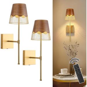 Gold Battery Operated Wall Sconces Set of 2, Cordless LED Wall Lights with Touch and Remote,Stepless Dimmable and Rechargeable Lighting for Living Room, Bedroom,Bathroom,Hallway,Gifts