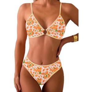 Tainehs Women's Two Piece Bikini Sets O Ring Front Top Ditsy Floral Triangle Swimsuits Cheeky Bathing Suit XS