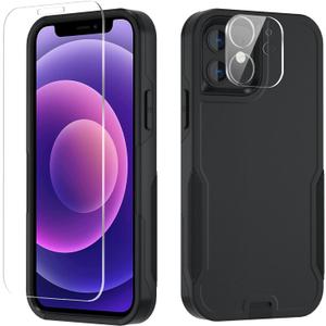 Xmon for iPhone 12 case [Shockproof] [Dropproof] [Tempered Glass Screen Protector with Camera Lens Protector] Heavy Duty Phone Case Cover for Apple iPhone 12 and iPhone 12 Pro 6.1 inch (Black)