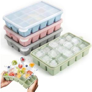 Silicone Ice Cube Tray with Lid, 4 Pack Stackable Ice Cube Trays for Freezer, Easy Release 15 Cubes Square Ice Molds for Whiskey Cocktail