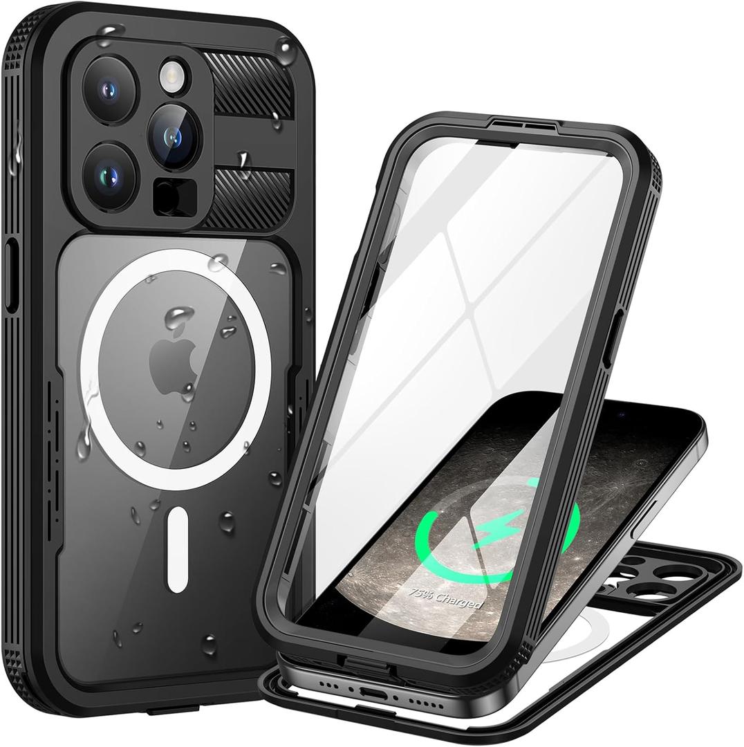 Magnetic for iPhone 15 Pro Max Case, IP68 Waterproof Dustproof Case, [Compatible with Magsafe] [Built-in Screen Protector] Full Body Heavy Duty Rugged Phone Cover 6.7 inch, Black/ Clear