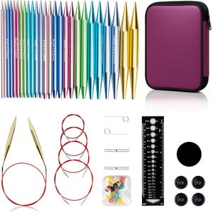 Ruidi Interchangeable Aluminum Circular Knitting Needles Set - 13 Pairs of 4 Inch (10cm) Needles with 4 Cables, Needle Holders & Leather Bag - Perfect for Smooth Knitting & Versatile Projects