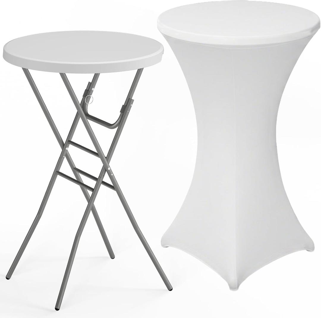 28" Round Folding Table with Cover, Foldable Cocktail Table with Handle28" Round Folding Table with Cover, Foldable Cocktail Table with Handle Bar Height Table with Removable Legs, High Top, Indoor Outdoor for Parties, Patio, Backyard, Wedding, Dining, White