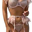 Women Sexy Lace Lingerie Set, Perspective Bra Adjustable, Sexy Bottom See Through Briefs (Large, Pink)