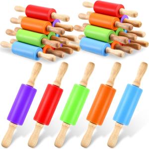 20 Pcs Small Rolling Pin Kids 9 Inch Mini Rolling Pin Silicone Wooden Cooking Pins Baking 5 Colors Non Stick Kids with Wooden Handle for Christmas Kitchen Dough Cookie Pastry Fondant Cake