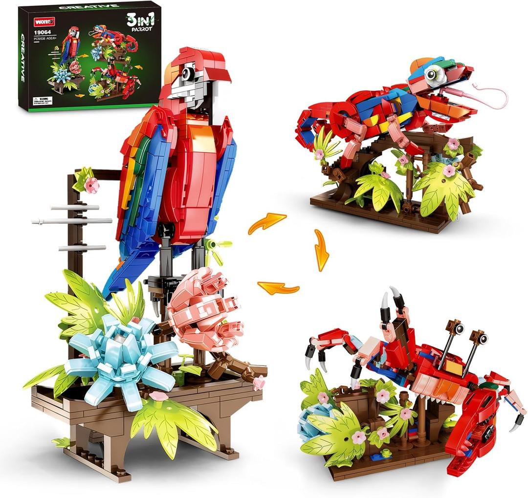 3 in 1 Animals Parrot Chameleon Crab Building Block Set, Flowers Botanical Animal Building Toy, Compatible with Lego Creative Construction Gift for Adults Kids Boys Girls 6+(538PCS)