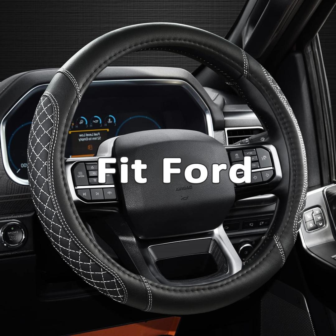 West Llama Customized Auto Car Steering Wheel Cover for Ford F-150, F-250, F-350, Expedition(Diamond Quilted - Black+Gray) (Large Size (15 ''-16''))