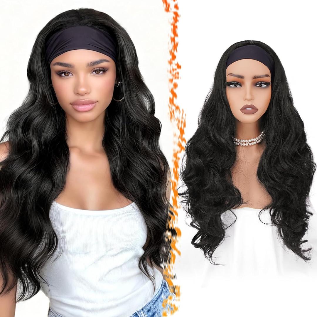 BARSDAR Long Body Wave Black Headband Wig - Black Loose Body Wavy Headband Wig for Women - 26 Inch Thick Soft Synthetic Wear and Go Glueless Wigs Natural Looking Easy Wear Head Band Wigs