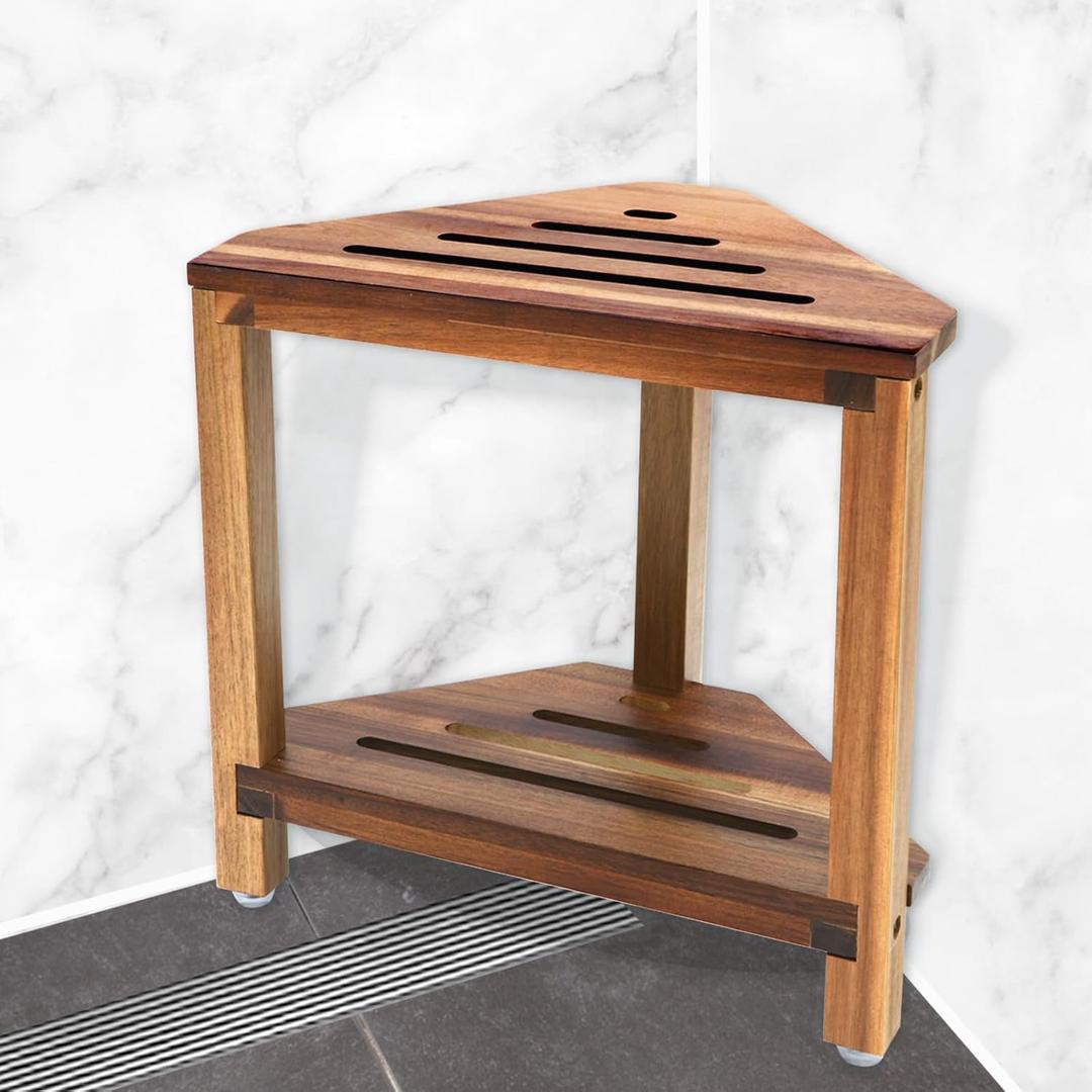 IBosins Corner Shower Stool with Storage Shelf Shower Foot Rest for Shaving Legs Small Bench for Inside Shower to Sit on Bath Seat - Acacia Wood (Natural Finish)