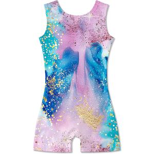 Funnycokid Girls Gymnastics Leotards with Shorts Sparkle Dance Unitards Mermaid Active Biketards 2-10 Years (4-5T, Diamond Blue Pink)