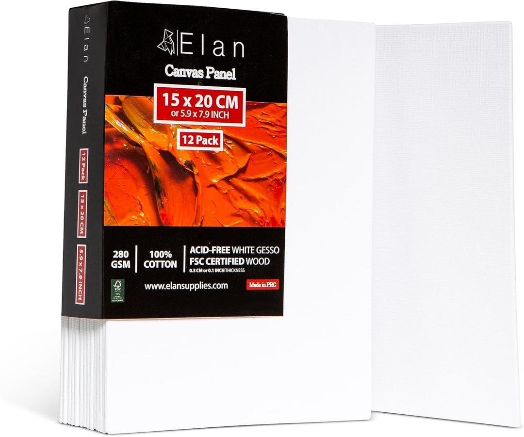 Elan Canvas Boards for Painting 5.9x7.9 Inch, 12-Pack 100% Cotton Acid-Free Blank Canvases for Painting 8oz, Triple Primed 5.9x7.9 Canvas Panels