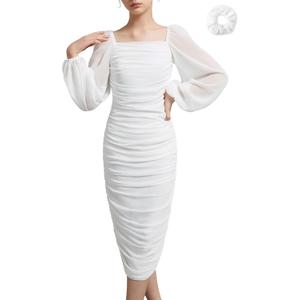 EXARUS Girls Bodycon Ruched Dress Teen Graduation Wedding Dance Party Chiffon Lantern Sleeve Maxi Formal Dresses (12 Years, White)