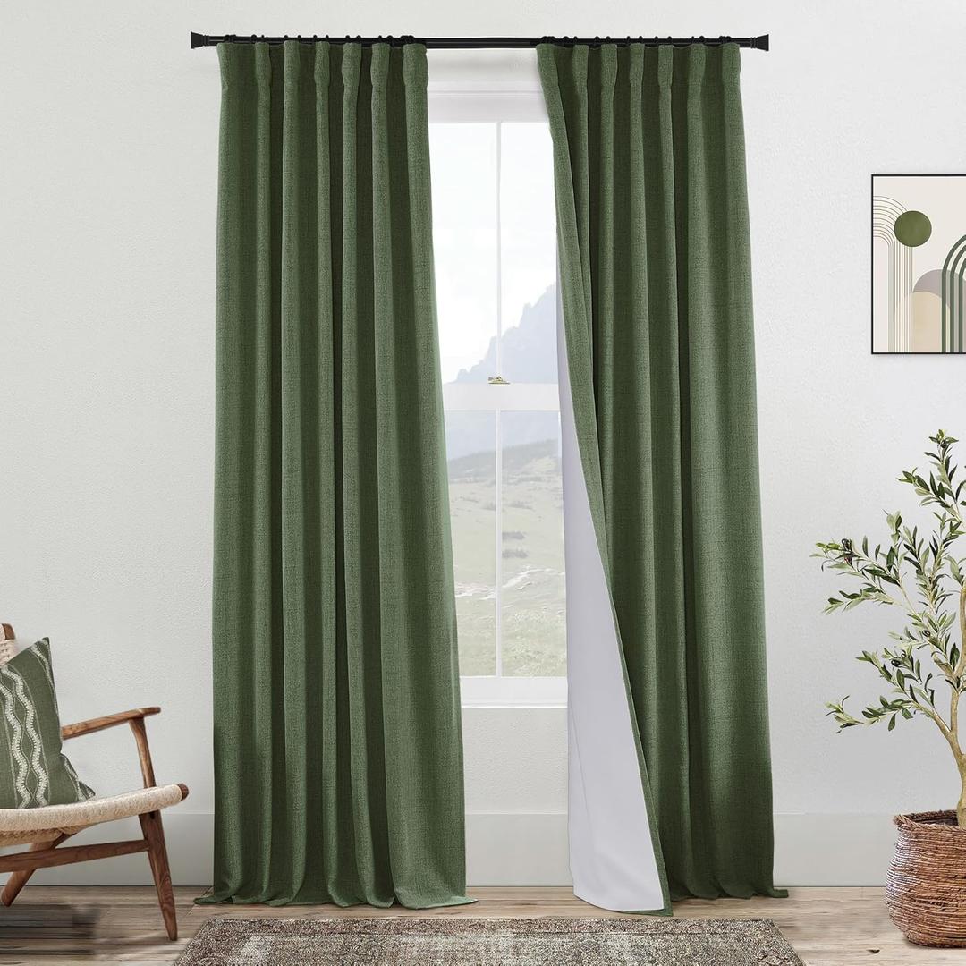 108 Inch Linen Blackout Curtains, Olive Green 9FT Long Pleated Drapes for Living Room Bedroom Floor to Ceiling or Track System, 2 Panels Set (50"W x 108"L (Pack of 2)