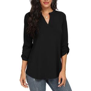 NILOUFO Womens Casual Summer Shirts Notch V Neck Blouses 3/4 Roll Sleeve Tops Tunics (Medium, Black)