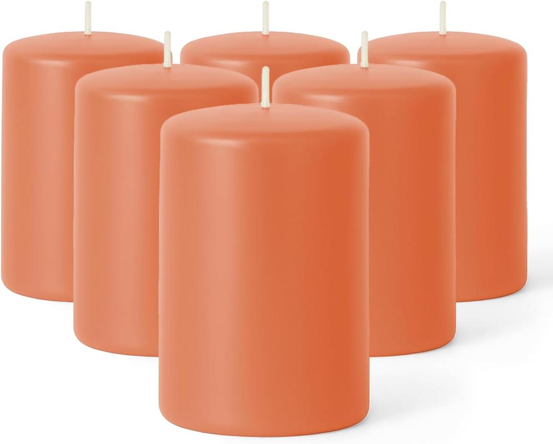 Biedermann & Sons Peach Pillar Candles (6 Pack), 4 Inch Tall 3 Inch Wide Round, Unscented Paraffin Wax, Approx 40 to 45 Hour Burn, Dripless Candles for Centerpieces