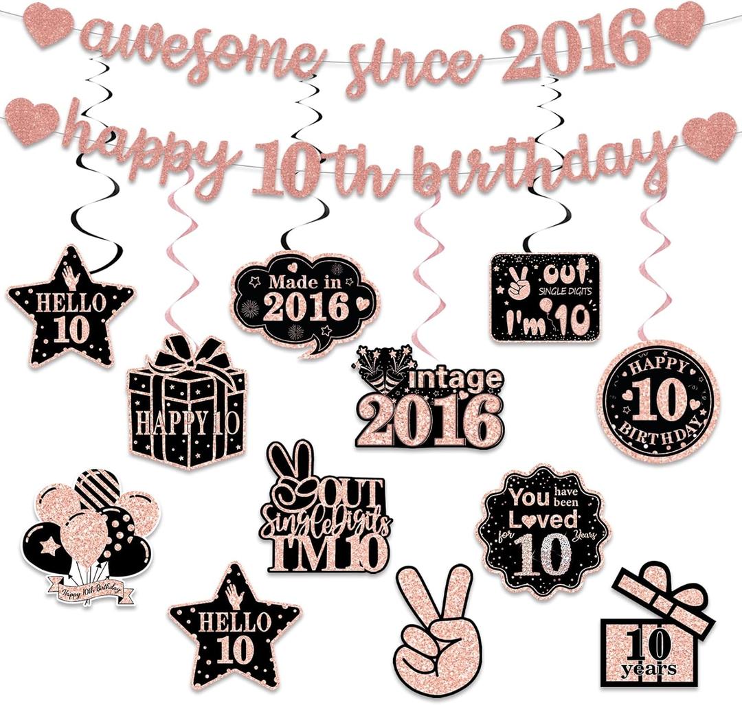 Pre-Strung 10th Birthday Banner Decorations for Girls, Glitter Happy 10th Birthday Decor, Rose Gold Ten Years Bday Hanging Swirls Party Supplies
