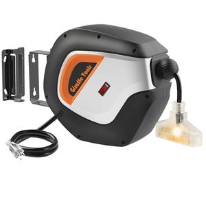 Giraffe Tools Retractable Power Cord Reel, 50ft 12AWG/3C SJT Heavy Duty Extension Cord Storage Reel Wall/Ceiling Mount for Garage with Lighted Triple Tap