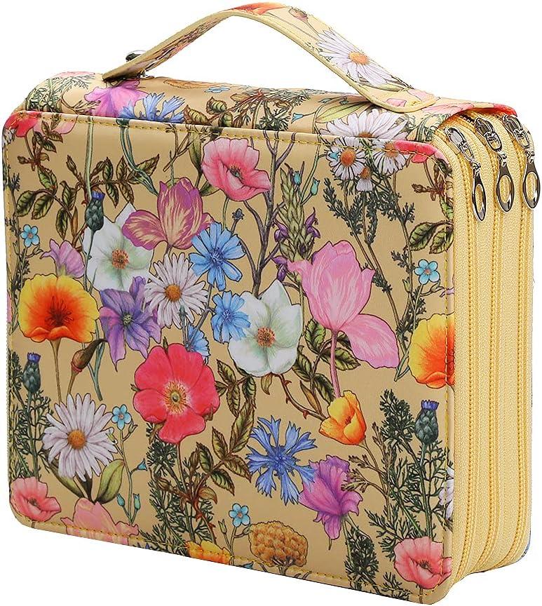 Vomgomfom Colored Pencil Case - 124 Slots Pencil Holder with Zipper Closure Twill Fabric Large Capacity Pencil Case for Watercolor Pens or Markers, Pencil Case Organizer for Artist (Yellow Flower)