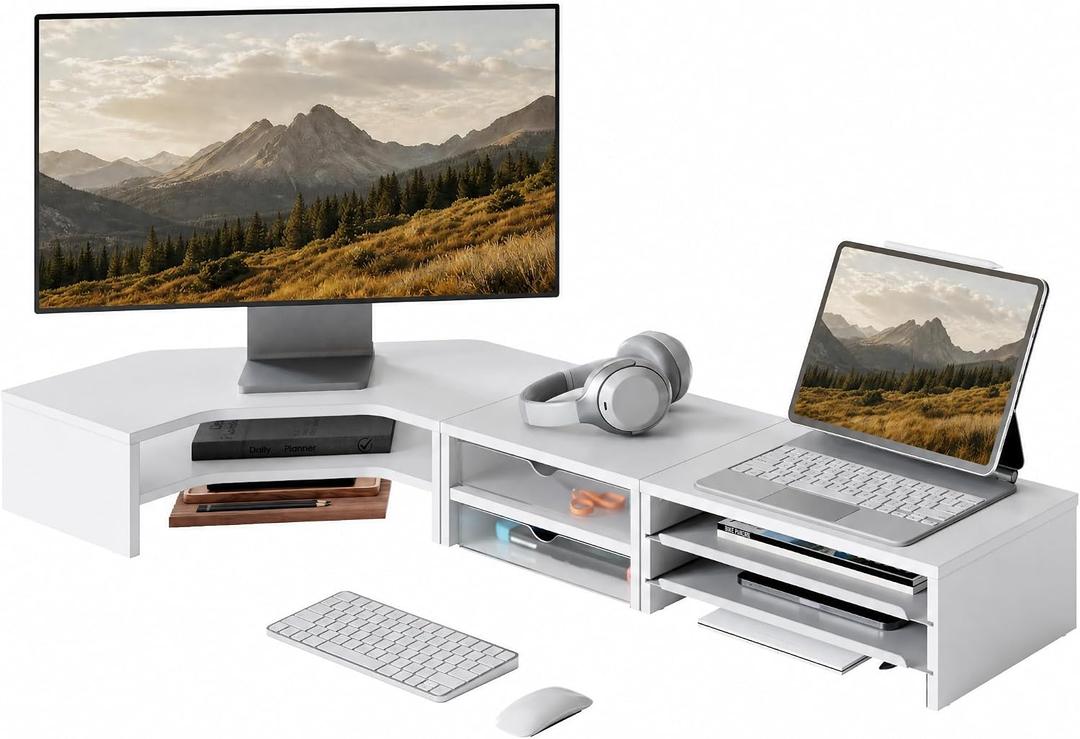 Fenge Dual Monitor Stand, Corner Desk Shelf with Drawer & Slide-Out Tray