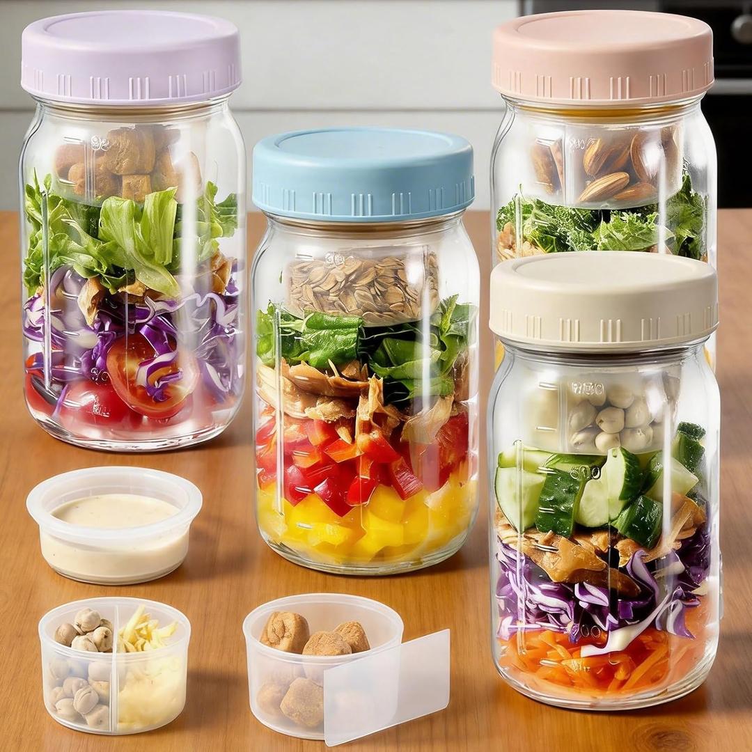 2 Pack Glass Salad Pod Mason Jar with Dressing Cup, 32 oz Salad Container to Go with Lids Meal Food Prep for Adults Lunch, Large Travel Mason Jar Bowl with 2 Insert Dressing & Topping Holder