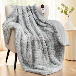 Heated Blanket Electric Throw 50"x60", Faux Rabbit Fur Electric Blanket, Tie Dye Soft Flannel Heating Blanket for Couch, 6 Heat Settings, 1-4H Timer, Machine Washable, Gift, Blue