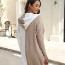 Womens Hooded Long Cardigan Color Block Open Front Knit Cardigan Oversized Lightweight Knit Sweater Outwear (L)