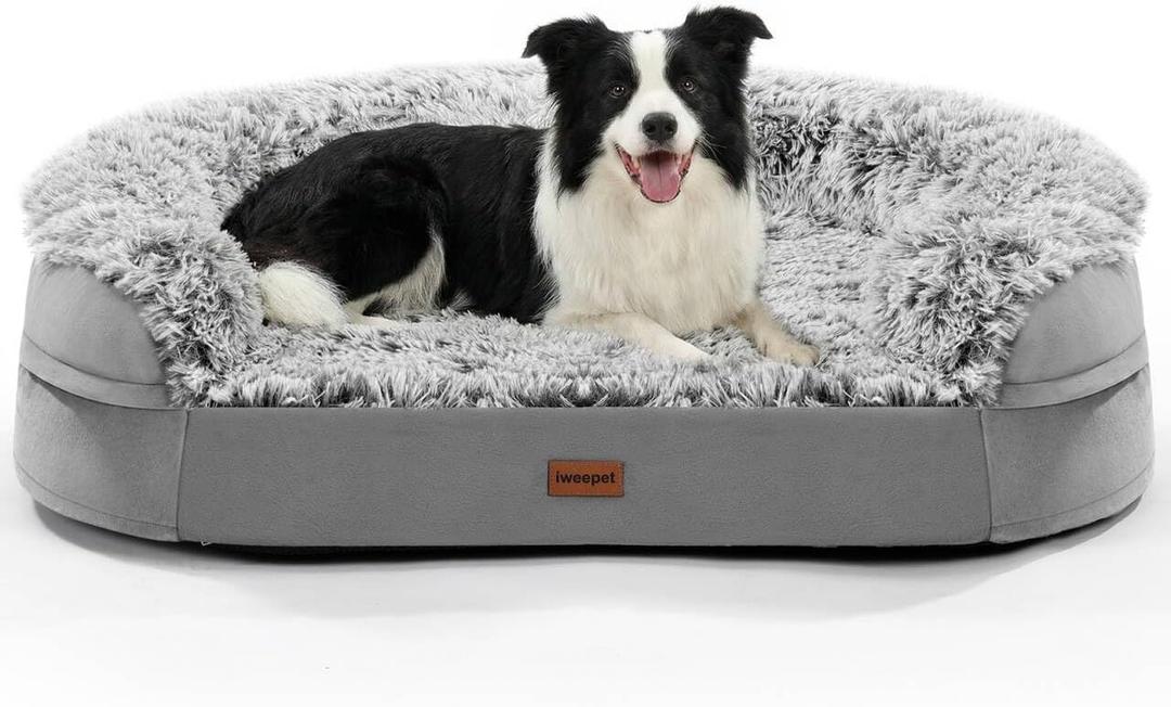 iweepet Fluffy 3.7 inch Thickened Orthopedic Dog Beds for Extra Large Dogs, Supportive Dog Sofa Bed with 28D EggCrate Foam, Removable Washable Cover, Waterproof Lining, Cozy Oval Design,Grey