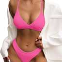 Women's Sexy Two Piece Tummy Control Thong Bottom V Neck Bikini Swimsuits (8-10, Black)